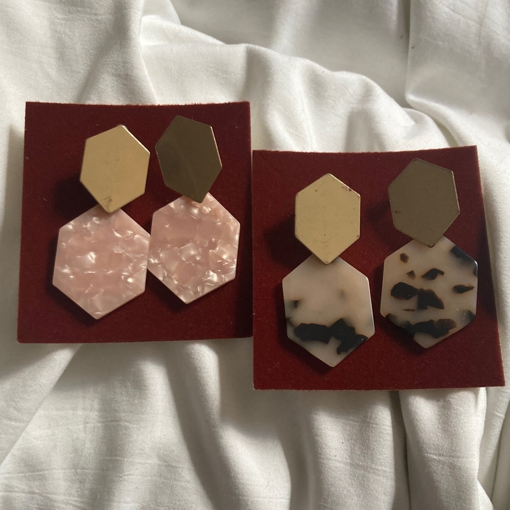 Hexagon Pink, Gold, and Tortoise Print Earring Sets